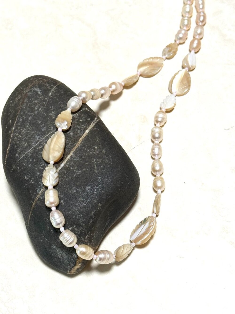 Pink Freshwater Pearl & Mother of Pearl Leaf Beaded Matinee Necklace